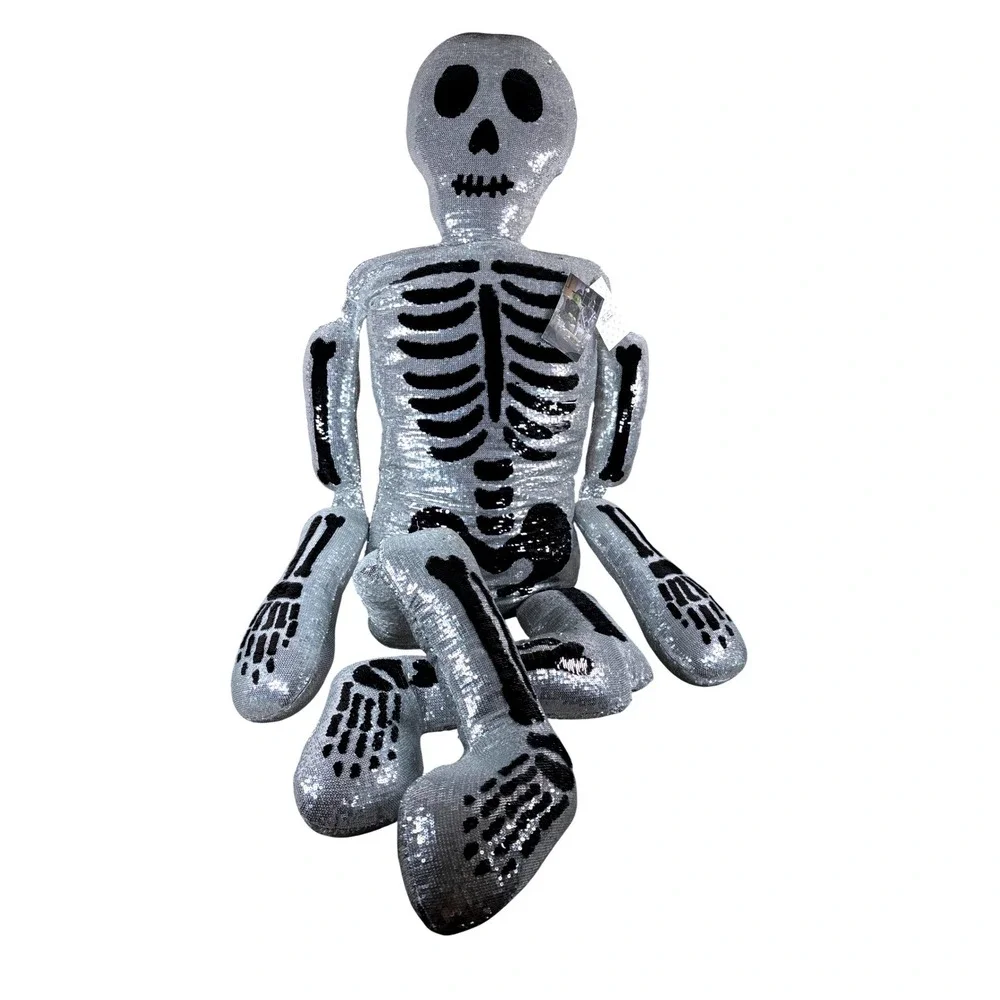LARGE Isaac Mizrahi New York Silver Sequin Skeleton Decorative Pillow Halloween